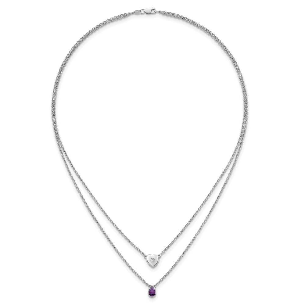 White Ice Sterling Silver Rhodium-plated 18 inch Diamond Heart and Amethyst Teardrop Necklace plus 2 inch Extender