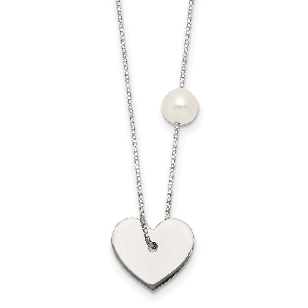 Sterling Silver Polished Glass Pearl Heart Necklace 16 Inches
