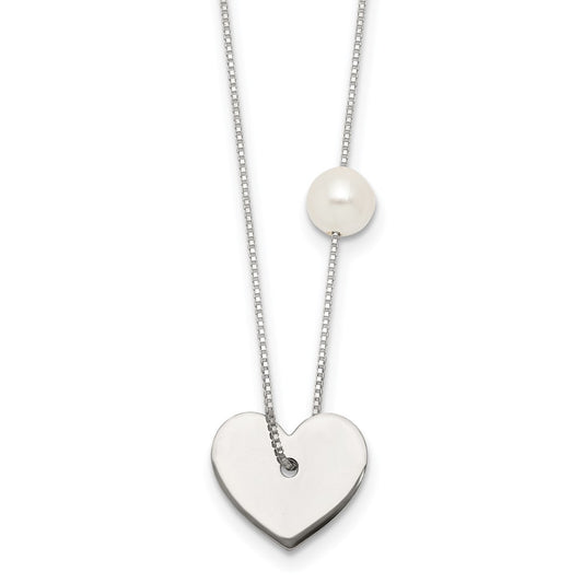 Sterling Silver Polished Glass Pearl Heart Necklace 16 Inches