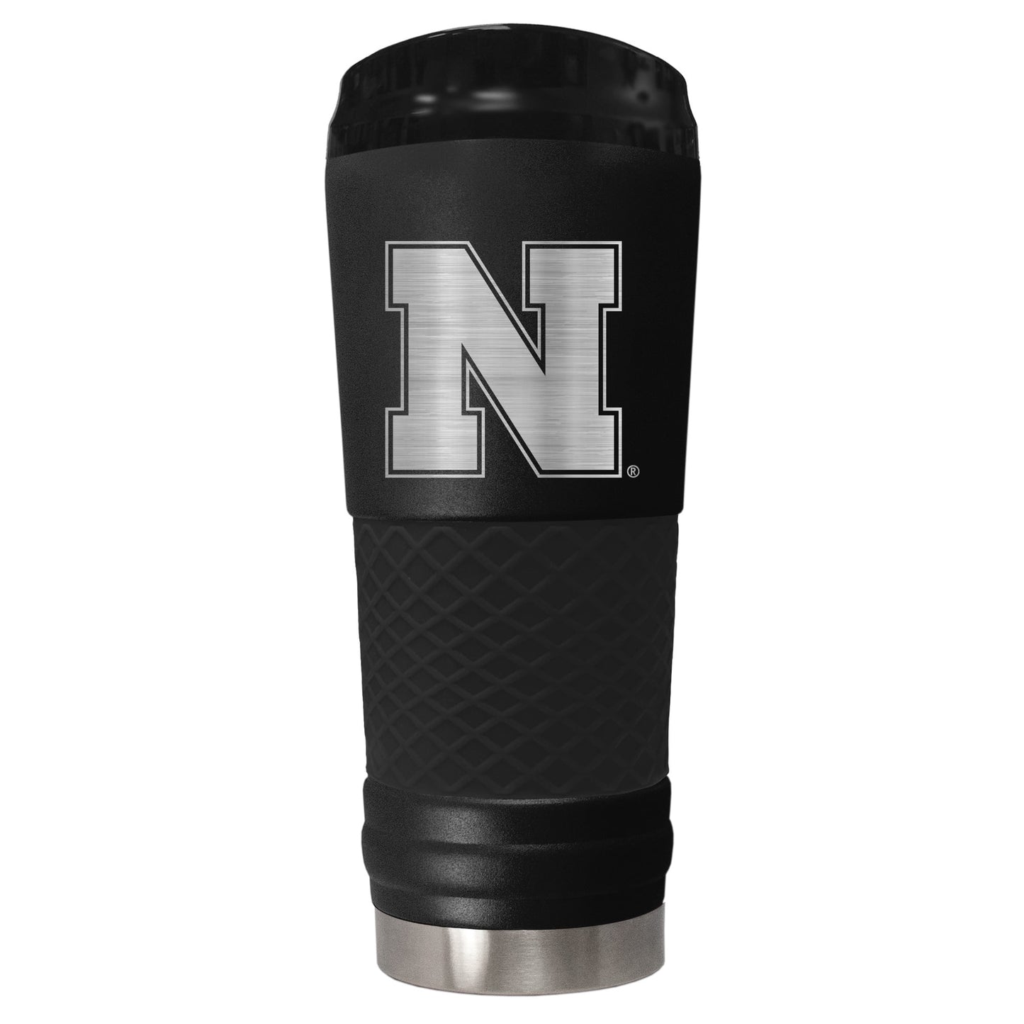Nebraska 24 ounce vacuum insulated stainless steel tumbler in black powder coat and laser etched team logo