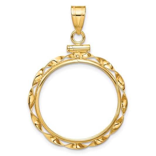Wideband Distinguished Coin Jewelry 14k Polished Hand Twisted Ribbon 22.0mm x 1.9mm Screw Top Coin Bezel Pendant