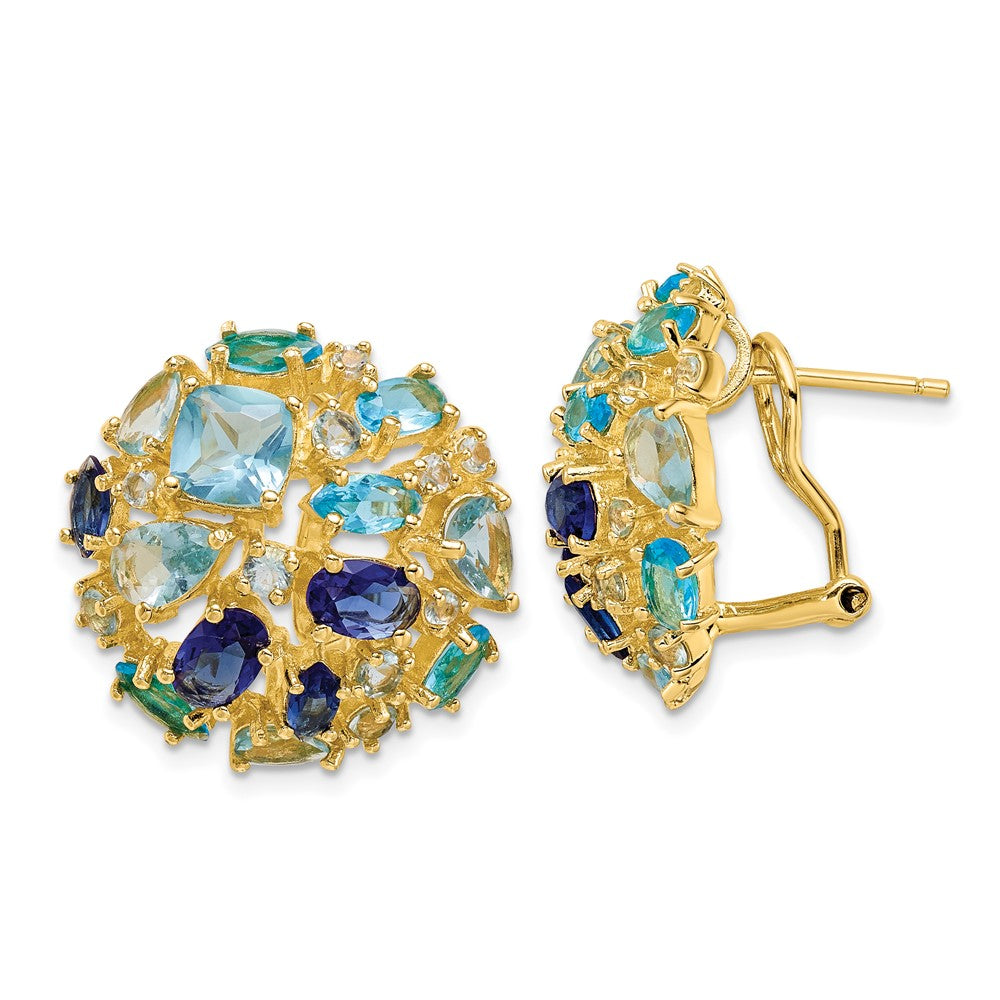 Sterling Silver Gold Tone Multi Color Blue CZ Omega Back Earrings