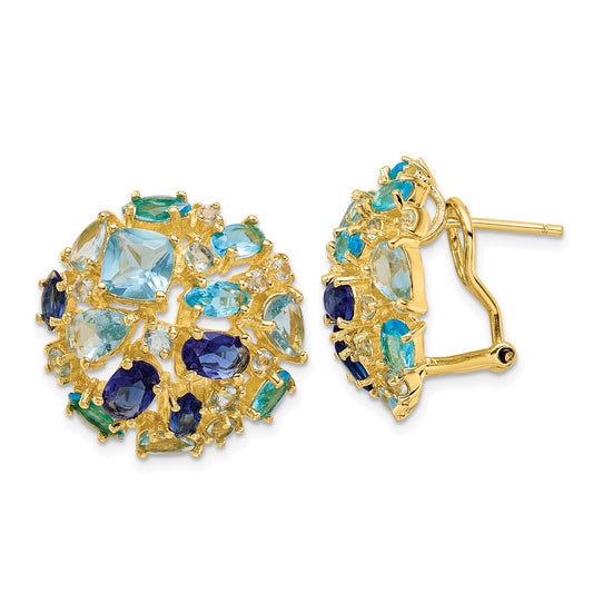 Sterling Silver Gold Tone Multi Color Blue CZ Omega Back Earrings
