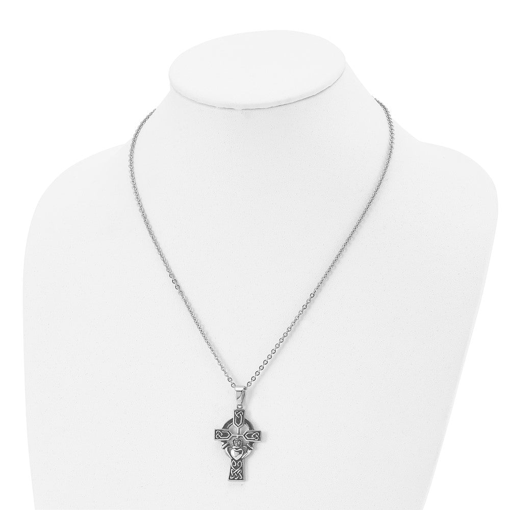 Stainless Steel Antiqued and Polished Claddagh Cross 20in Necklace