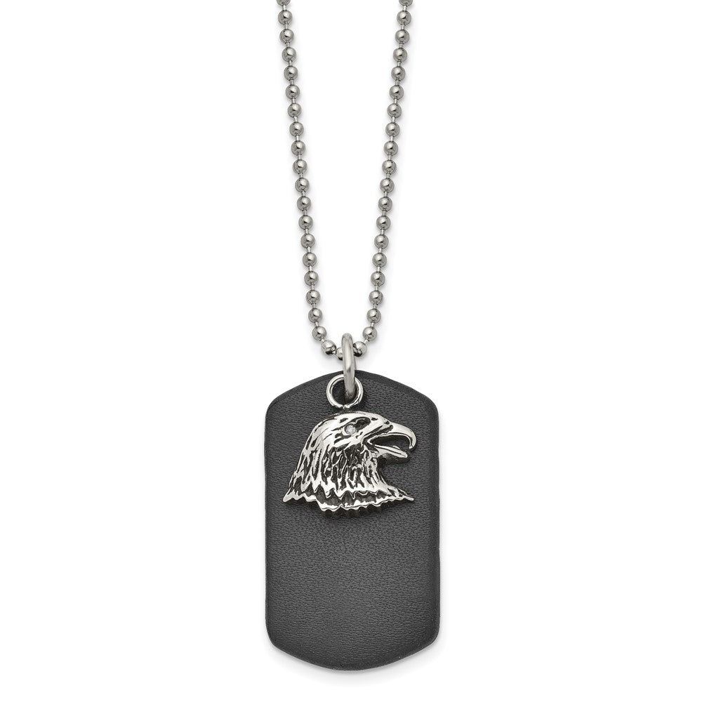 Stainless Steel Polished and Antiqued Eagle Leather Dog Tag 22in Necklace