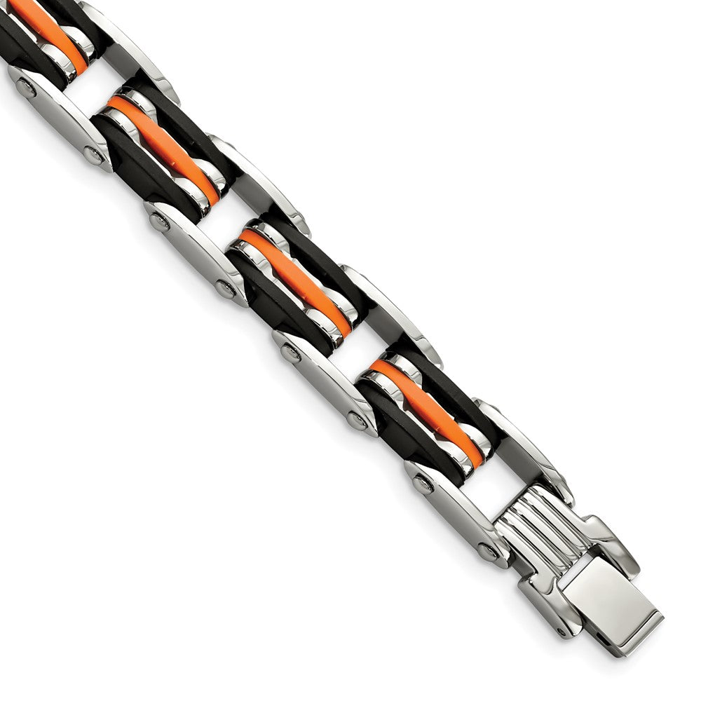Stainless Steel 8.5in Polished with Rubber Black and Orange Bracelet 8.5 inches