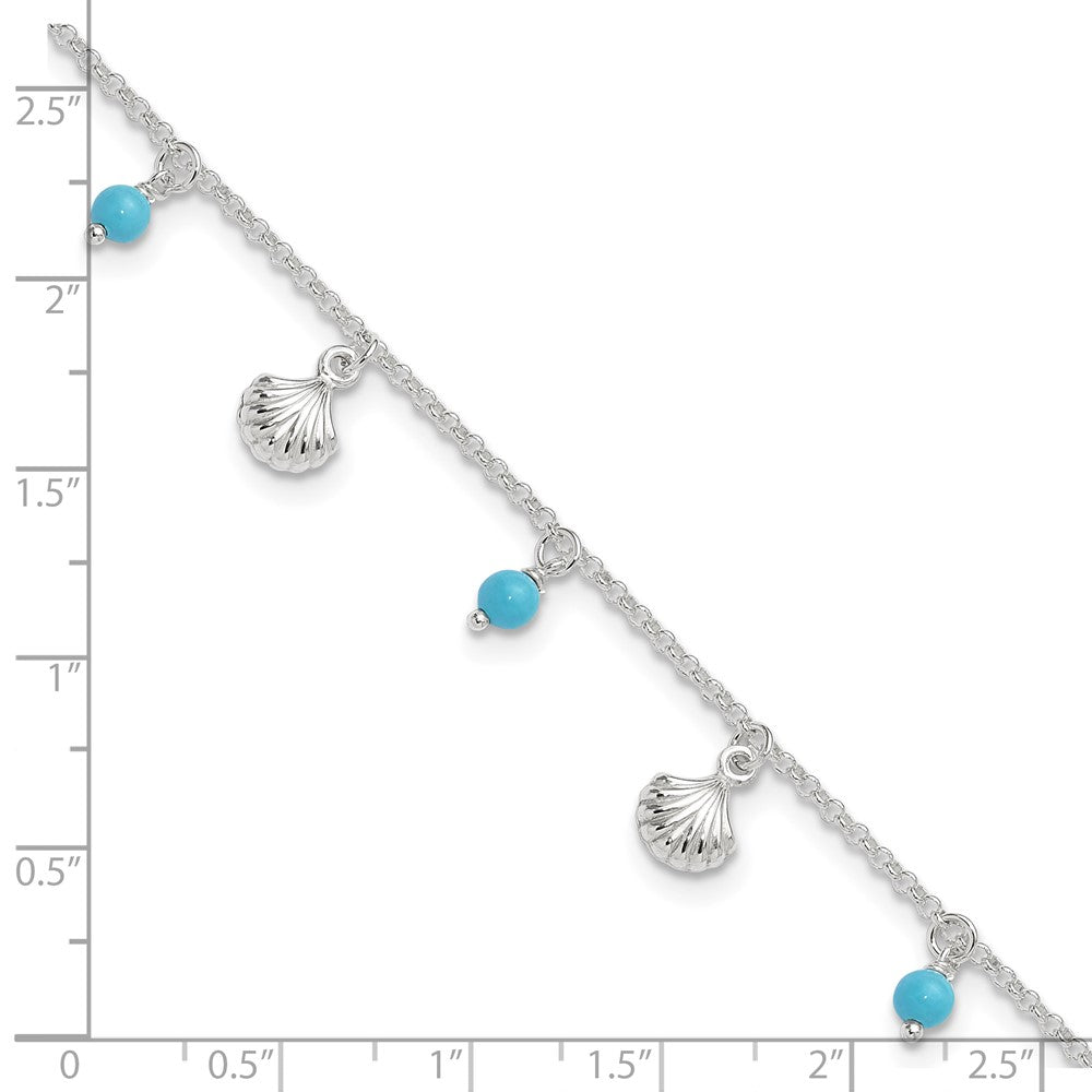 Sterling Silver Polished Shell and Turquoise 9in Plus 1in Ext. Anklet 9 inches