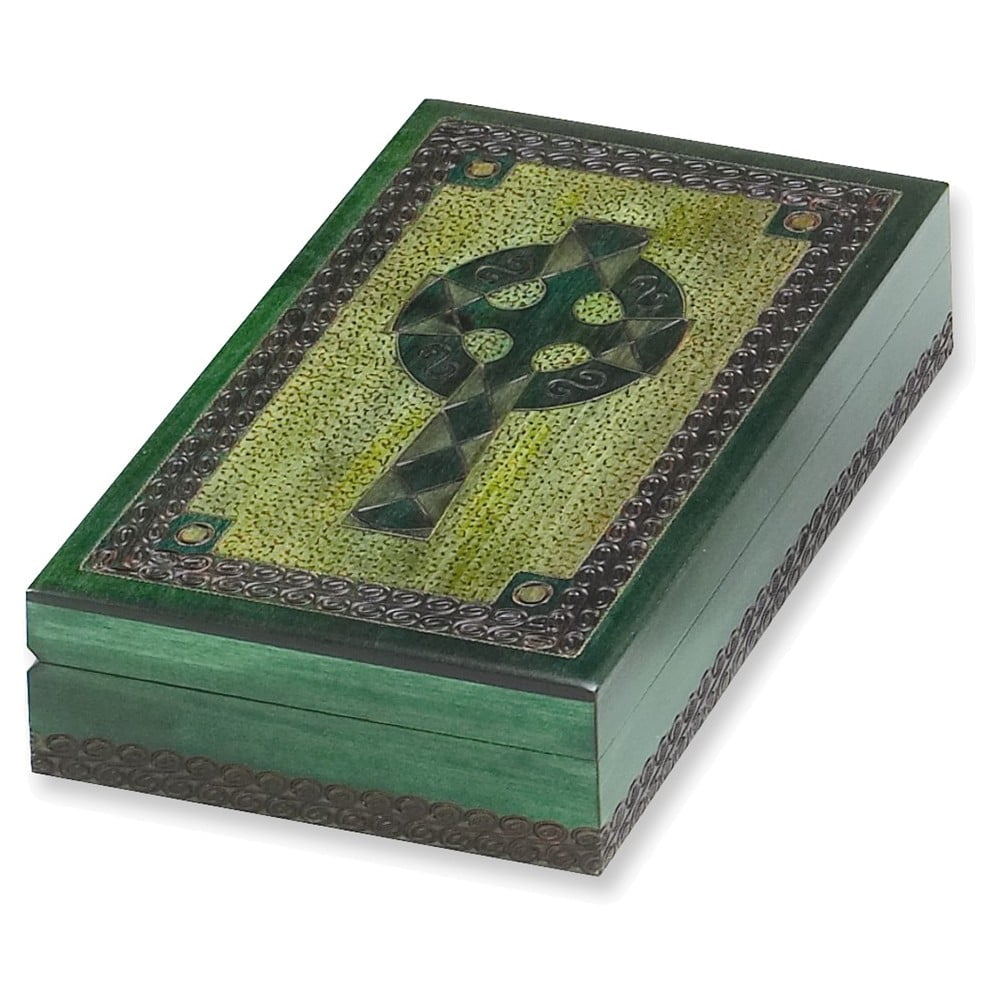 Handcrafted Painted Green Wooden Celtic Cross Box QGM5400
