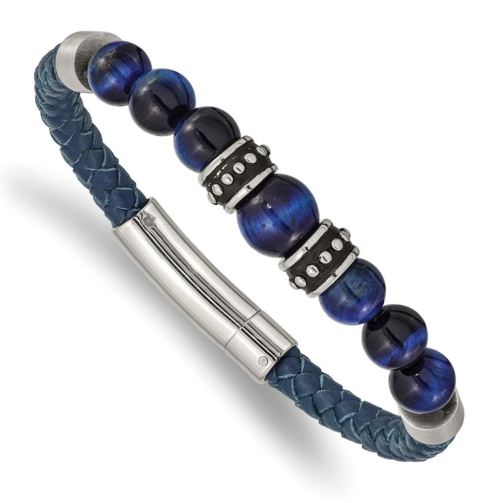 Stainless Steel Antiqued and Polished Blue Tiger's Eye Leather Bracelet 8.25 inches