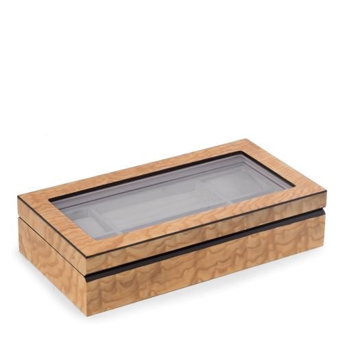 Bey-Berk International BB691BRL Lacquered Ash Burl Wood Valet & Jewelry Box with Glass Top, Soft Velour Lining
