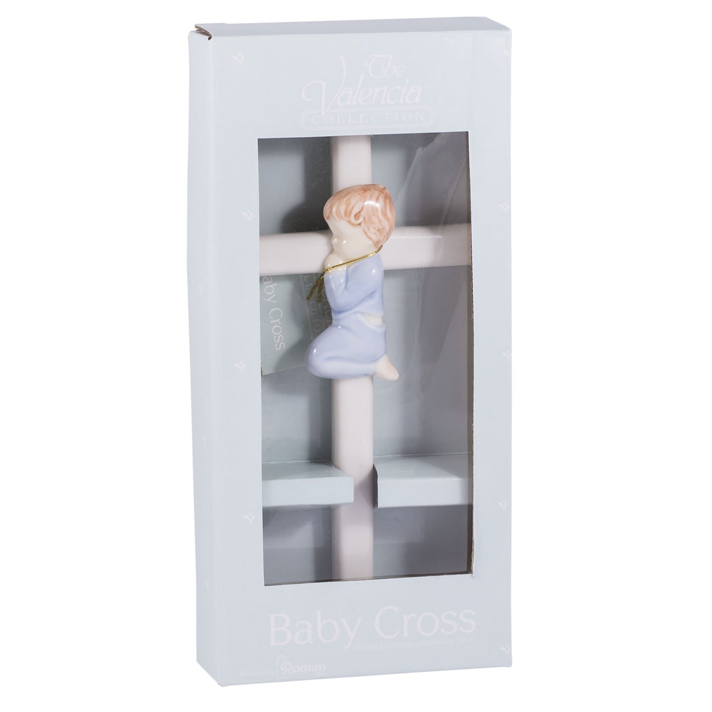 Praying Blue in Blue 7.5 Inch Hand-Painted Glazed White Porcelain Wall Cross