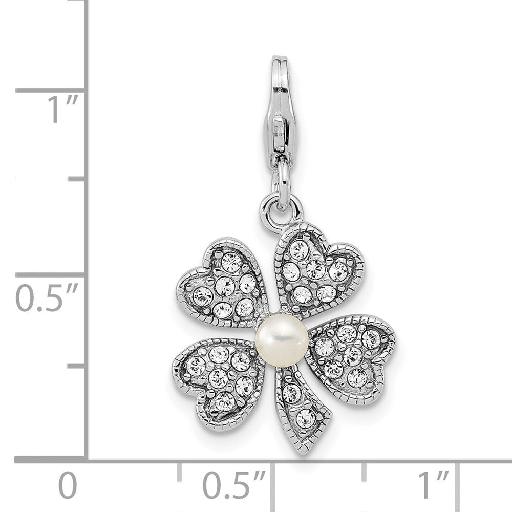 Amore La Vita Sterling Silver Rhodium-plated Polished Freshwater Cultured Pearl and Crystal Clover Charm with Fancy Lobster Clasp