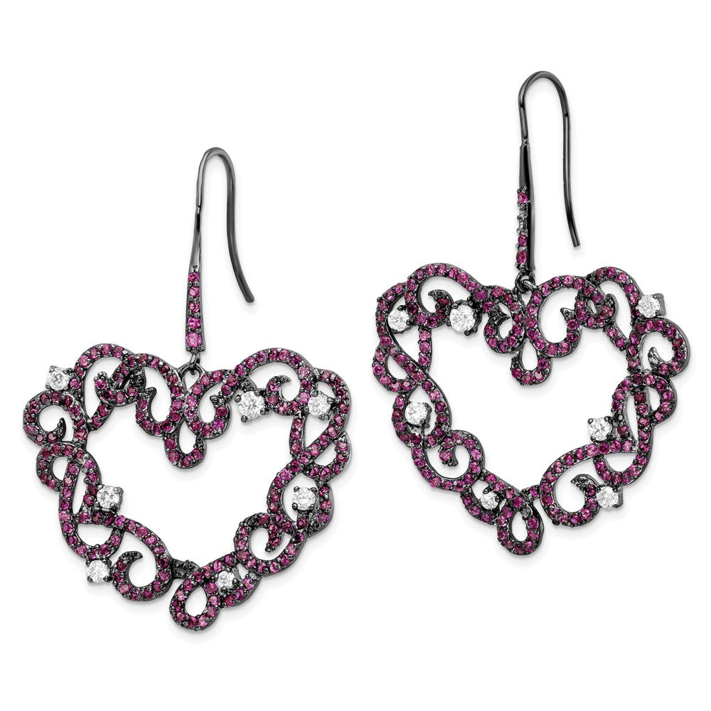 Sterling Silver Black RH-plated Synthetic Ruby Heart Shape & CZ Earrings