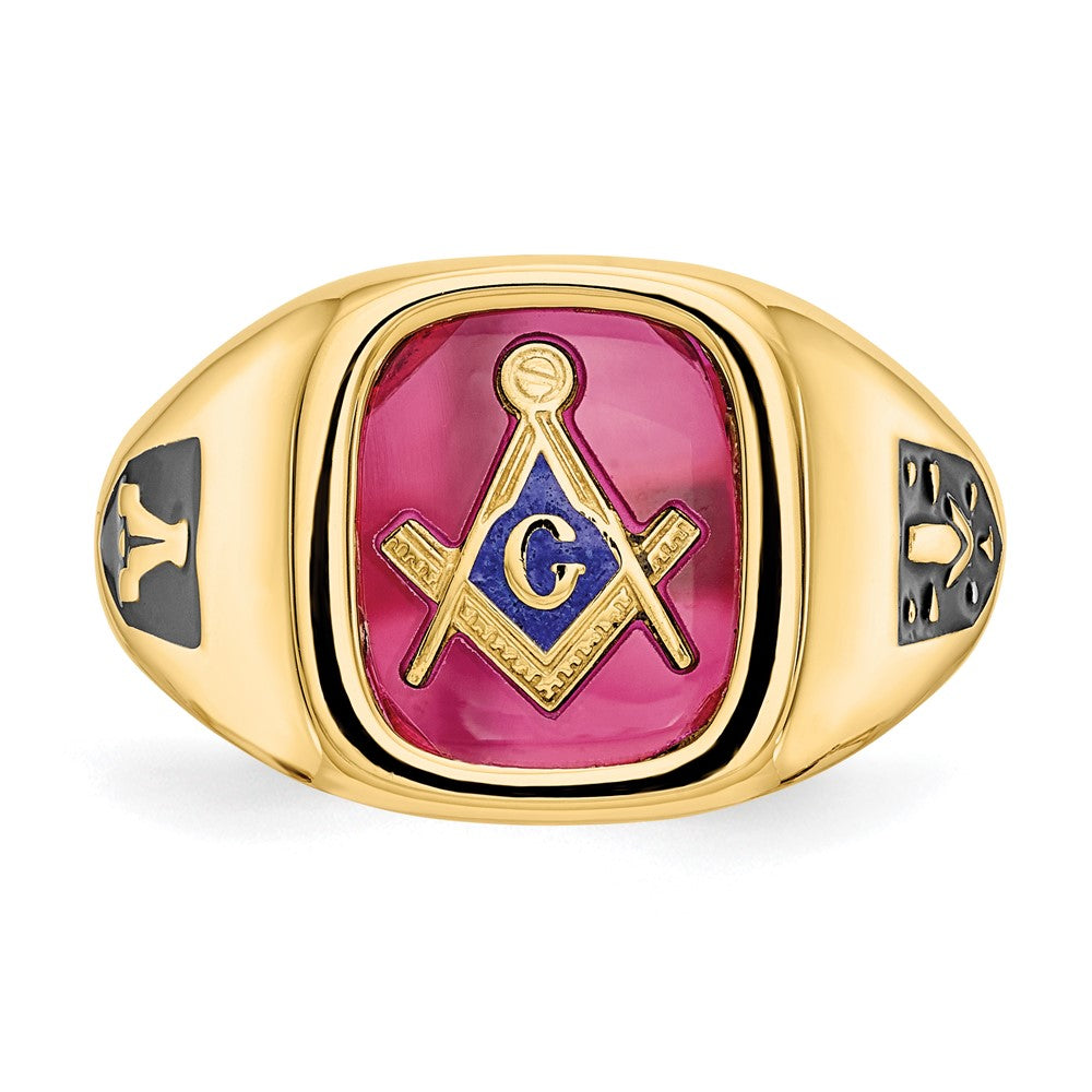 10k Men's Polished and Textured with Black Enamel and Lab Created Ruby Masonic Ring