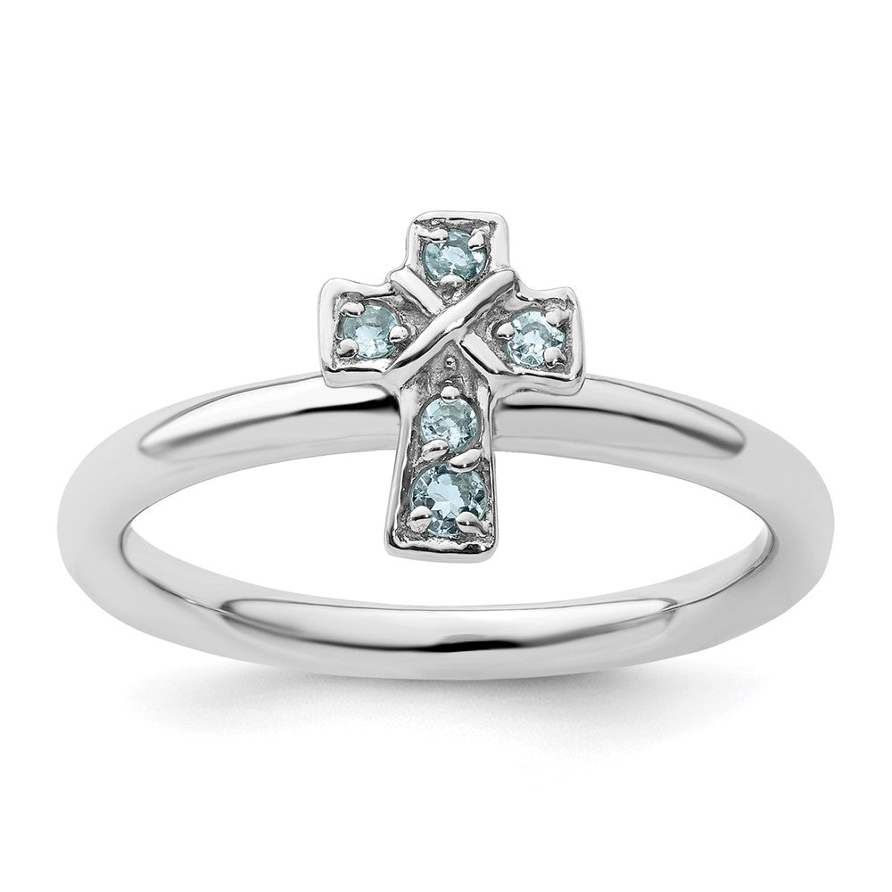 Sterling Silver Stackable Expressions Rhodium Aquamarine Cross Ring Size -9