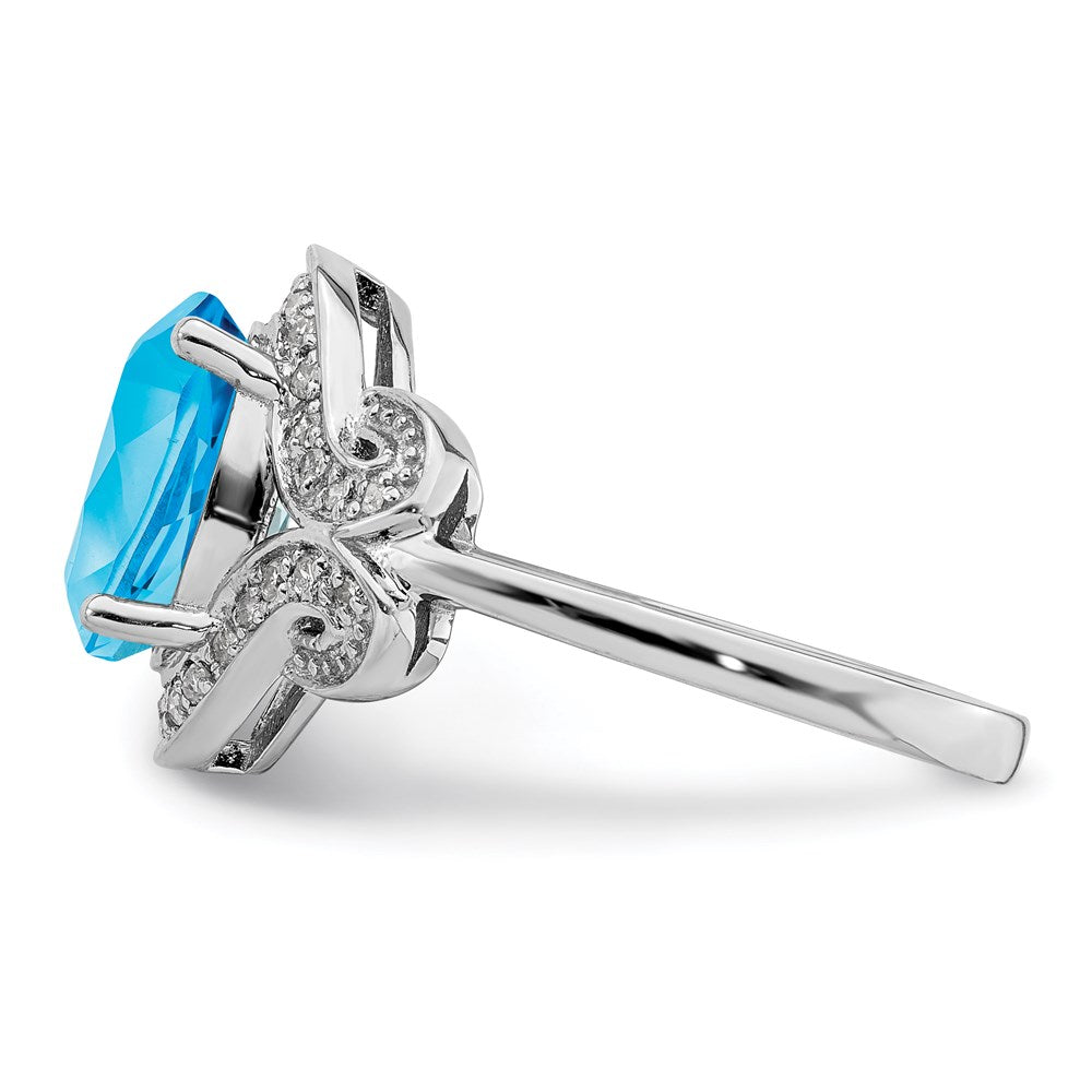 Sterling Silver Rhodium Diam. & Oval Blue Topaz Ring