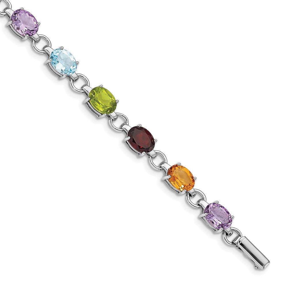 Sterling Silver Rhodium-plated Oval Multi-gemstone Bracelet 7.25 inches
