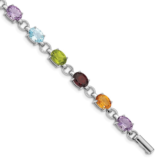 Sterling Silver Rhodium-plated Oval Multi-gemstone Bracelet 7.25 inches
