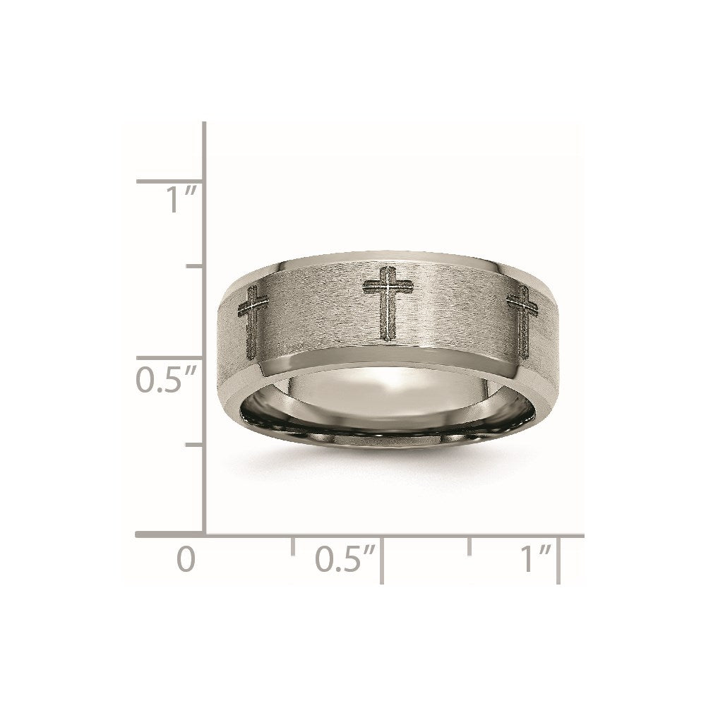 Chisel Titanium Brushed and Polished Cross Laser Design 8mm Beveled Edge Band Size - 9