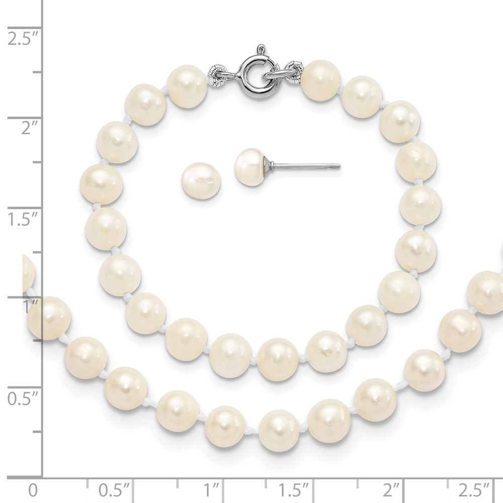 Sterling Silver Madi K Rhodium-plated 5-6mm White Semi-Round Freshwater Cultured Pearl 12 inch Necklace, 4 inch Bracelet & Button Post Earrings Set