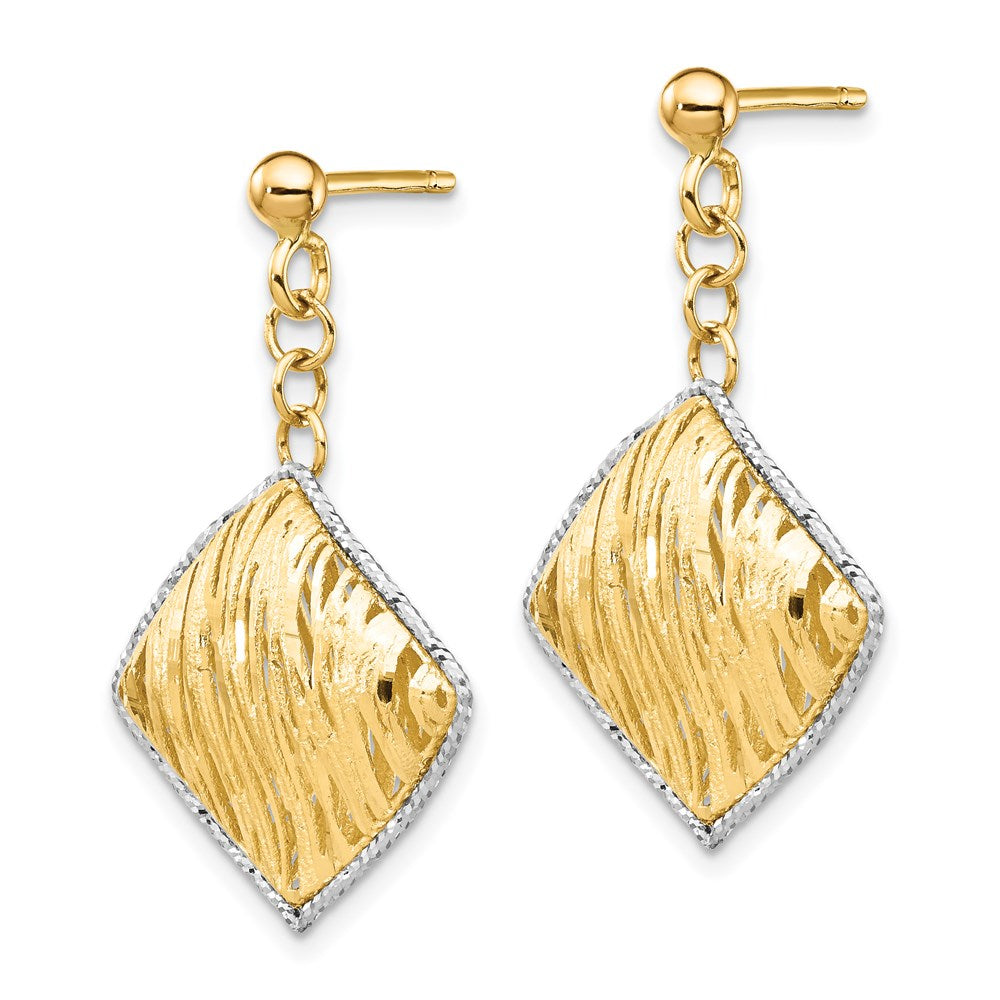 14K & White Rhodium Polished & D/C Hollow Dangle Post Earrings