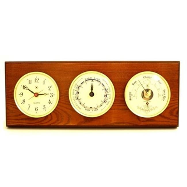 Bey-Berk International  Quartz Clock Tide Clock & Barometer with Thermometer - Oak Wood