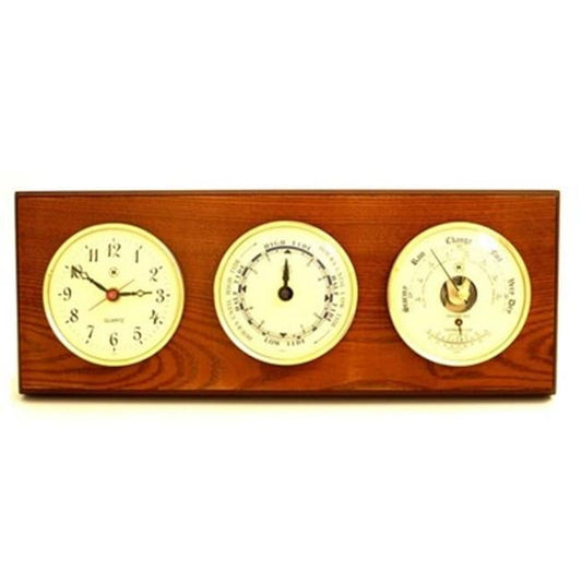 Bey-Berk International  Quartz Clock Tide Clock & Barometer with Thermometer - Oak Wood