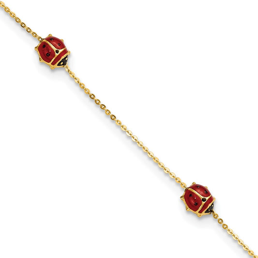 14k Polished Enameled Ladybugs 6.5in w/.75in ext. Bracelet 6.5  inches