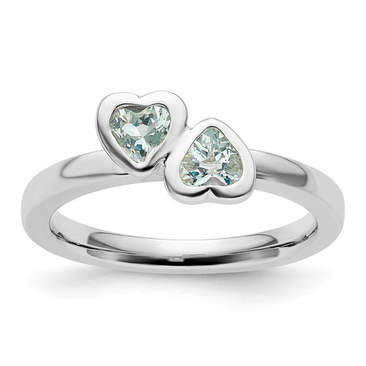 Sterling Silver Stackable Expressions Aquamarine Double Heart Ring Size -7