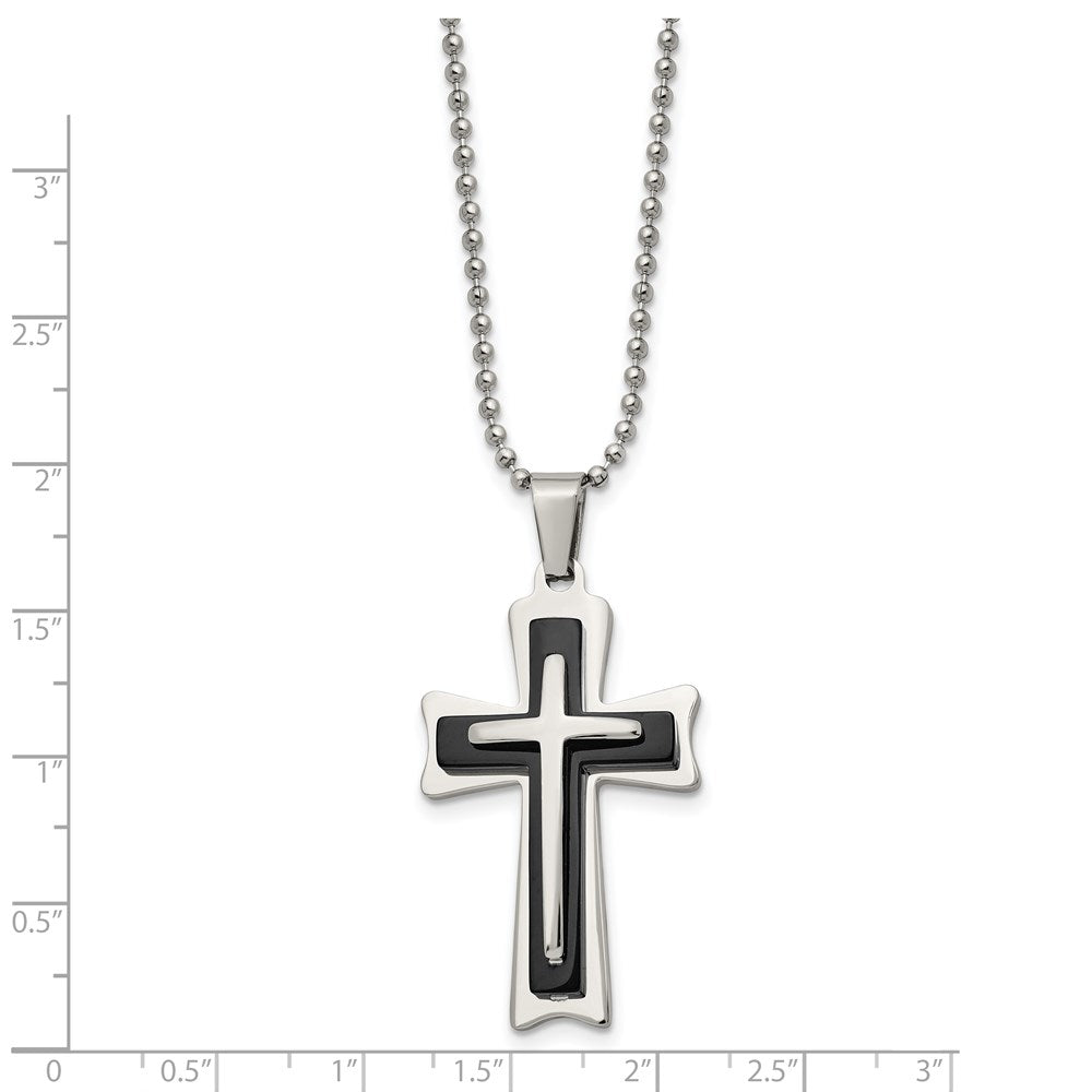 Stainless Steel Polished with Black Acrylic Cross 24in Necklace