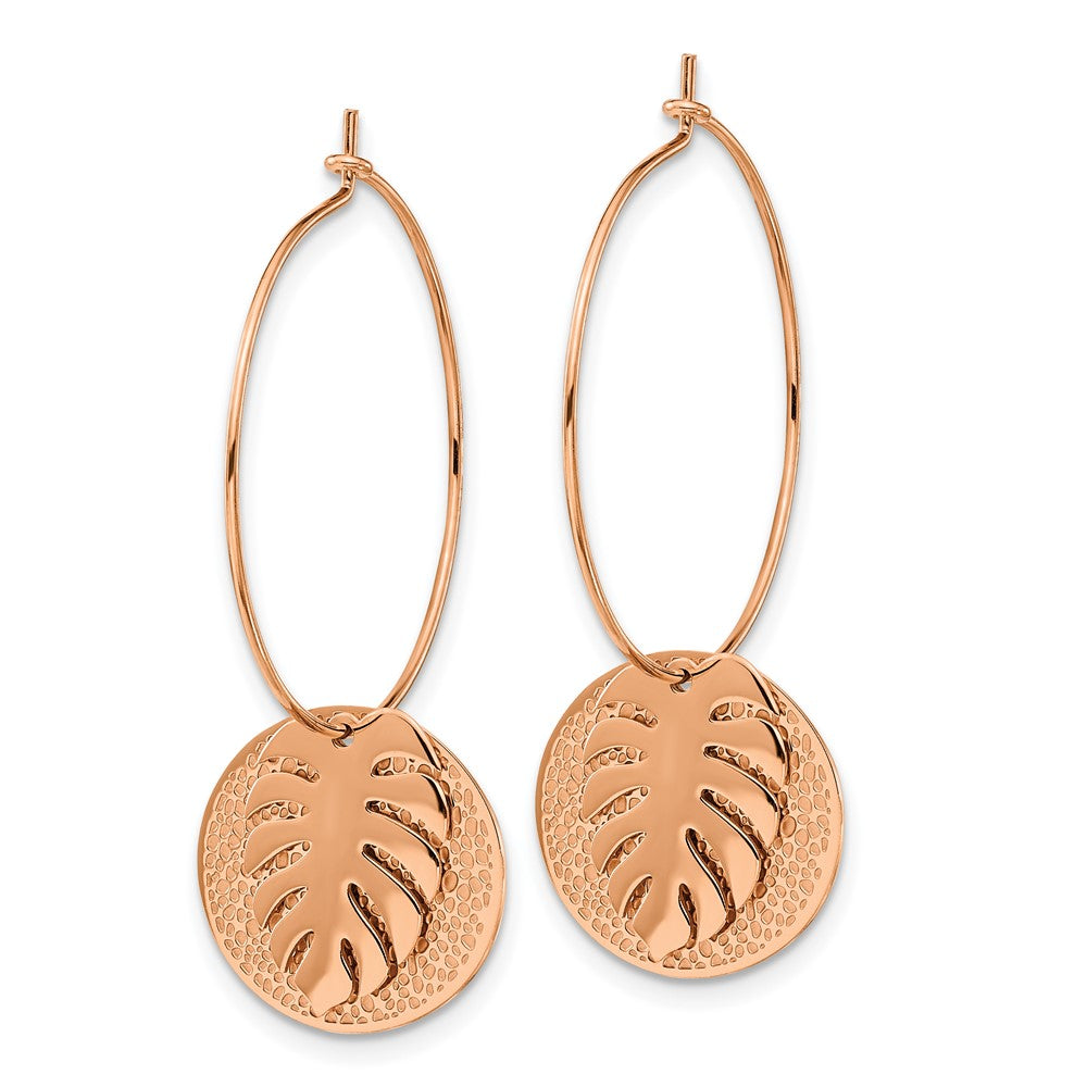 Stainless Steel Polished Textured Rose IP Circle Leaf Dangle Hoop Earrings