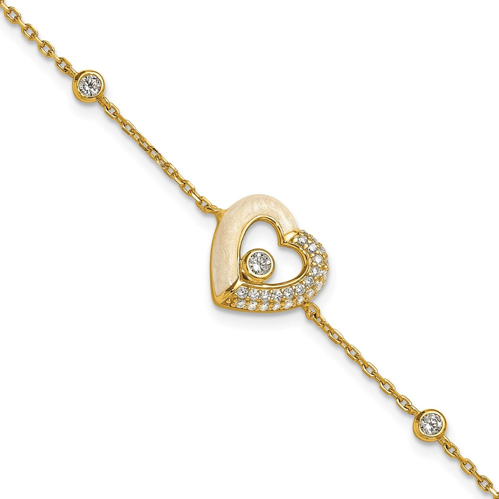 Sterling Silver Gold-tone Polished CZ and Champagne Enamel Open Heart 7 inch with 1 inch Extension Bracelet 7.25 inches