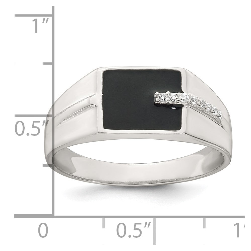 Sterling Silver Polished Black Enameled and White CZ Size 10 Mens Signet Ring