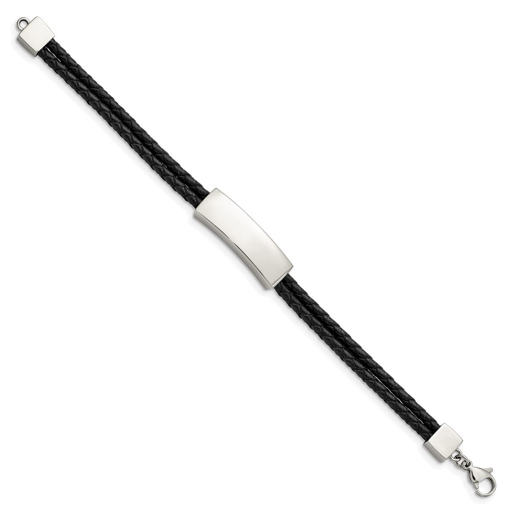 Stainless Steel Polished Black Leather 2 Strand 7in ID Bracelet 7 inches