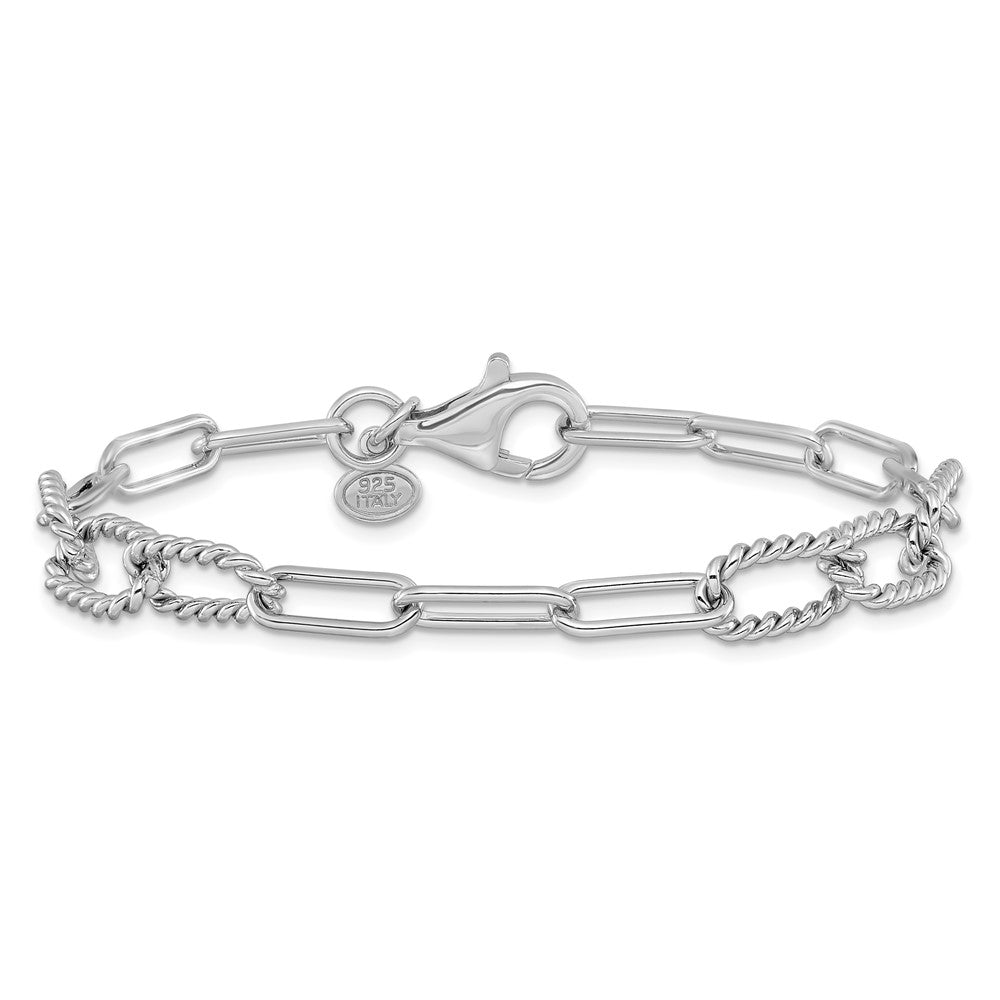 Sterling Silver RH-plated Polished/Textured Fancy Link Bracelet 7.5  inches