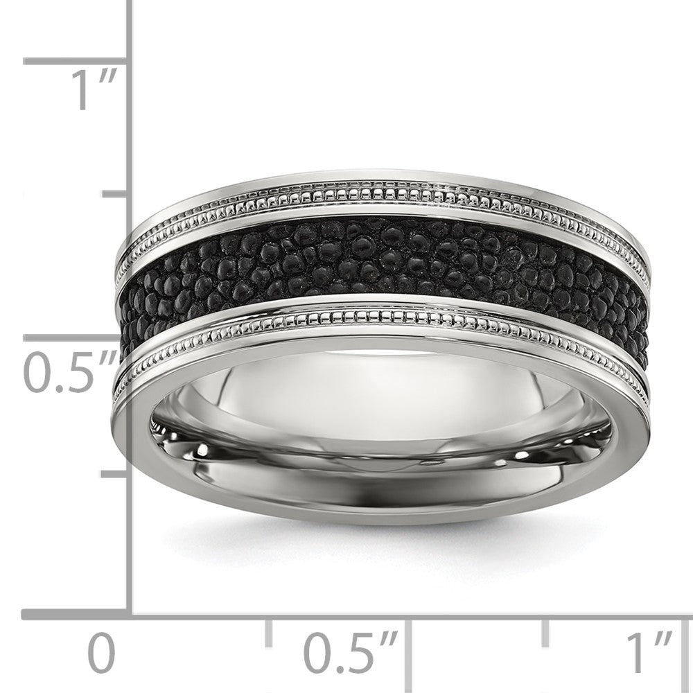 Stainless Steel Polished Genuine Stingray Textured 8mm Band Size - 9.5