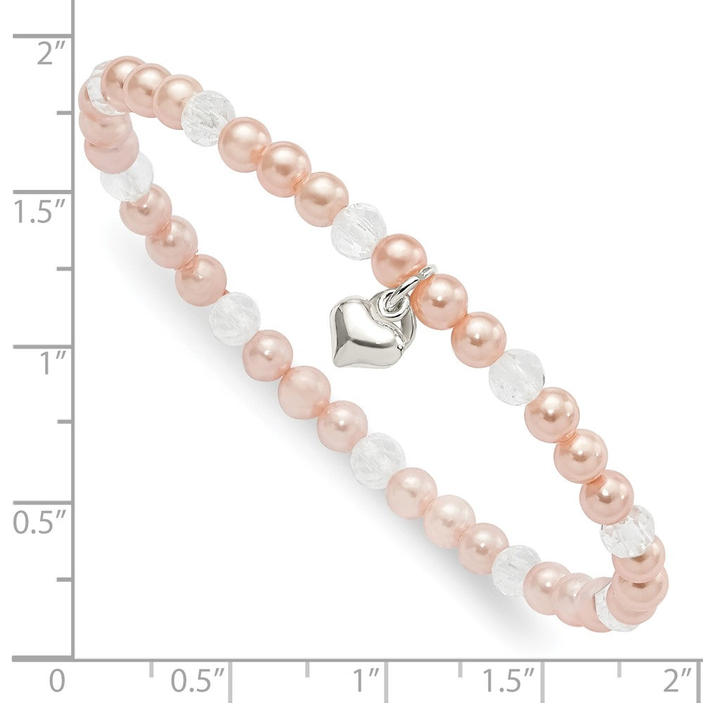 Sterling Silver Pink Shell Bead, Crystal & Heart Children's Stretch Bracele 6 inches