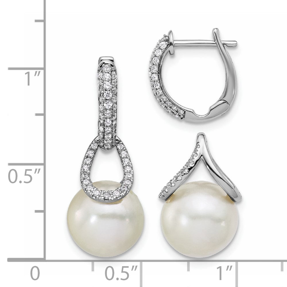 14K White Gold 10-11mm White Round Freshwater Cultured Pearl & .41ct Diamond Hinged Hoop Earrings with Removable Dangles