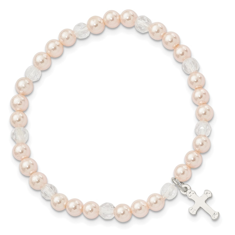 Sterling Silver Pink Shell Bead & Crystal Cross Children's Stretch Bracelet 5 inches