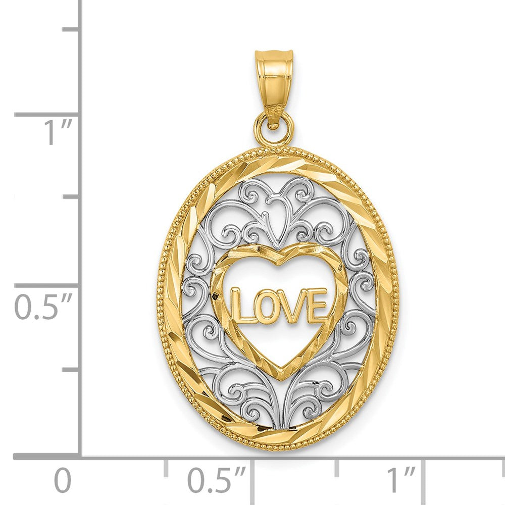 14k w/Rhodium LOVE Filigree Accent Oval Charm
