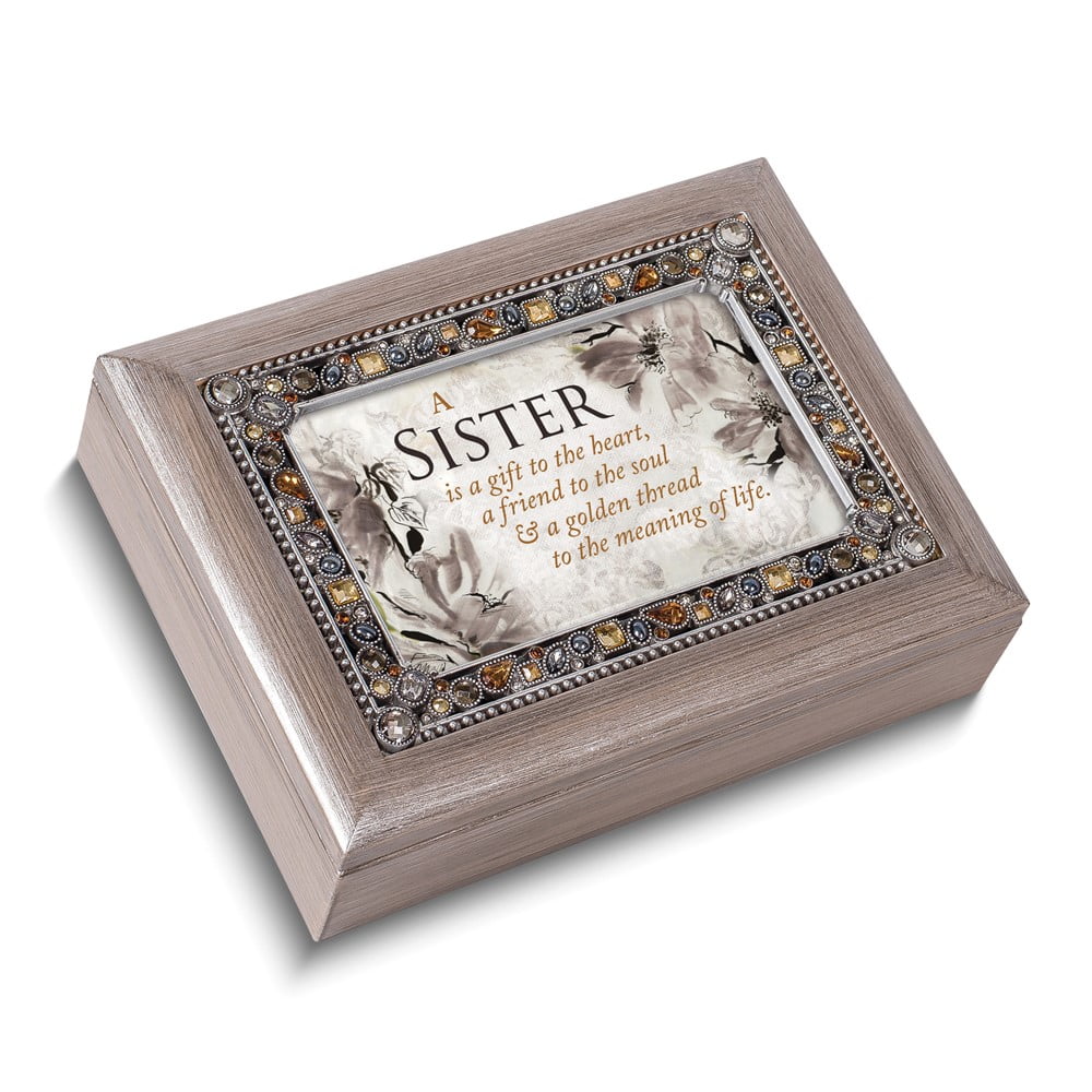 Jeweled Woodgrain Resin SISTER Sentiment Music Box (Plays You Light Up My Life) Q-GM18585