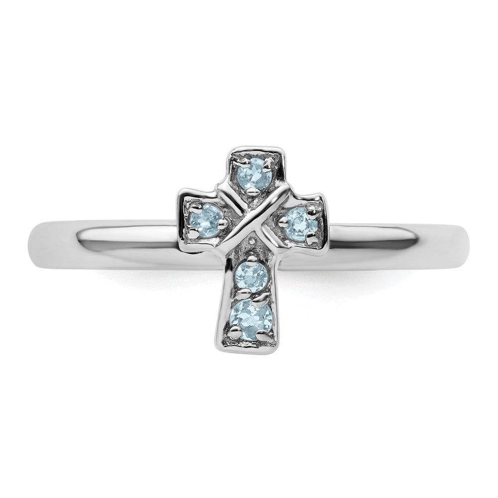 Sterling Silver Stackable Expressions Rhodium Aquamarine Cross Ring Size -9