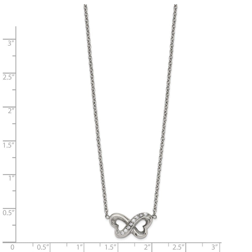 Stainless Steel Polished CZ Interlocking Hearts 15.5in w/2in ext Necklace