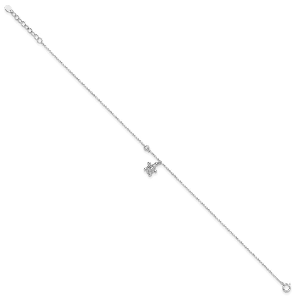 Sterling Silver Rhodium-plated Polished CZ Turtle 9 inch with an 1 inch extention Anklet 9 inches