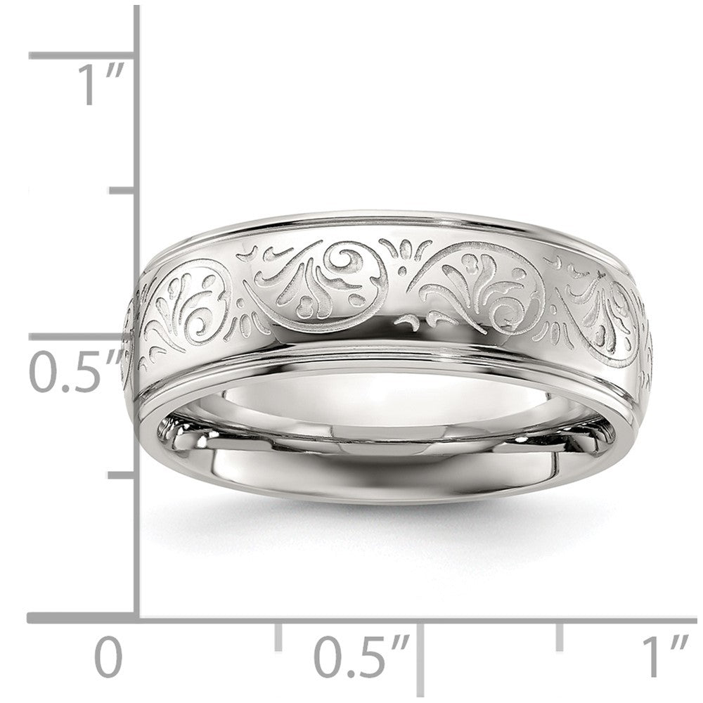 Stainless Steel Polished Etched Design Ridged Edge 7.5mm Band Size - 9.5