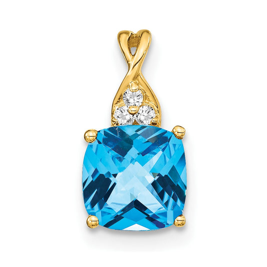 14k Checkerboard Blue Topaz and Diamond Pendant
