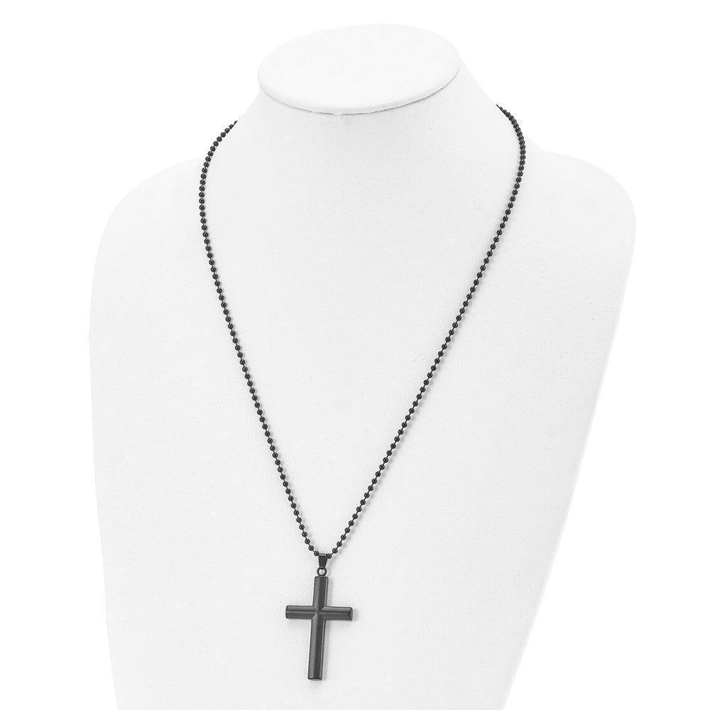 Stainless Steel Brushed and Polished Black IP-plated Cross 24in Necklace