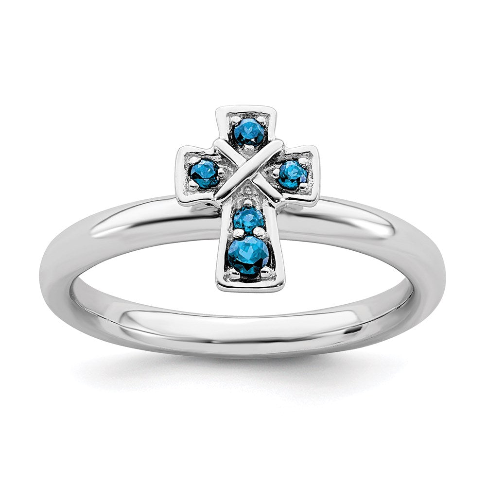 Sterling Silver Stackable Expressions Rhodium Blue Topaz Cross Ring Size -7