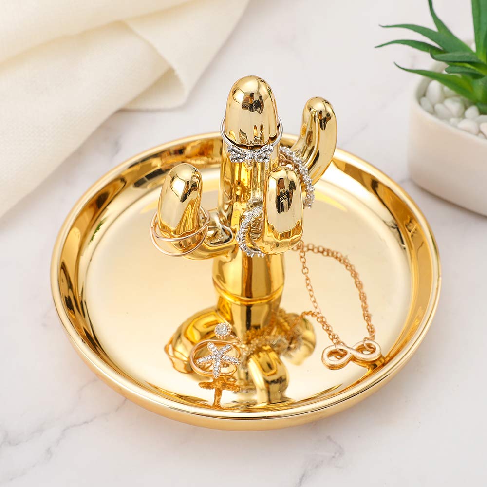 Ceramic Golden Cactus Jewelry Ring Dish Tray