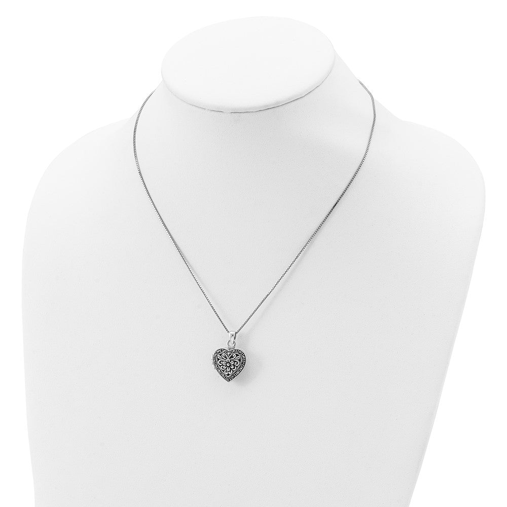 Sterling Silver Rhod-pltd Floral Marcasite Heart Locket 18in Necklace 18 Inches